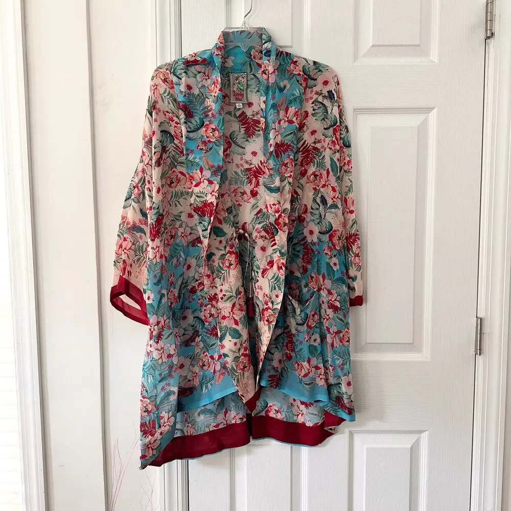 Johnny Was Jade Printed Blue Red Floral Print Cupra Rayon Kimono With Tie Medium